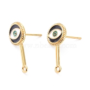 Brass Enamel Stud Earring Findings, with Loop, Evil Eye, Long-Lasting Plated, Real 18K Gold Plated, Cadmium Free & Lead Free, Black, 18.5x8.5mm, Hole: 1.2mm, Pin: 0.8mm(KK-P205-07G)