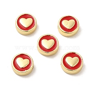 Real 18K Gold Plated Brass Enamel Beads, Flat Round with Heart, Red, 11x4.5mm, Hole: 2mm(KK-E068-VB456-1)
