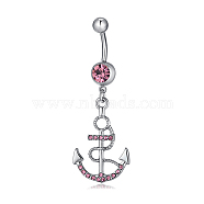 Piercing Jewelry, Brass Cubic Zirconia Navel Ring, Belly Rings, with Stainless Steel Findings, Lead Free & Cadmium Free, Anchor, Hot Pink, Platinum, 54x19mm(AJEW-EE0002-07P)