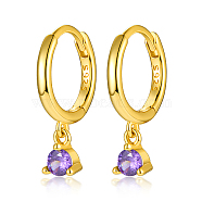 Real 18K Gold Plated 925 Sterling Silver Hoop Earrings, with Cubic Zirconia Diamond Charms, with S925 Stamp, Medium Purple, 17mm(MN0975-08)