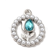Rack Plating Alloy Glass Pandants, Nickel Free, with ABS Plastic Imitation Pearl, Flat Round with Flower Charms, Platinum, Dark Turquoise, 20.5x17.5x4mm, Hole: 2mm(PALLOY-O106-15P-02)