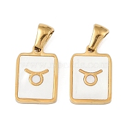 Constellations Natural White Shell Pendants, Ion Plating(IP) 304 Stainless Steel Rectangle Charms, Real 18K Gold Plated, Taurus, 16x10.5x1.5mm, Hole: 5x3mm(STAS-M338-01B-G)
