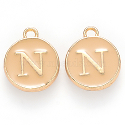 Golden Plated Alloy Enamel Charms, Cadmium Free & Lead Free, Enamelled Sequins, Flat Round with Letter, Wheat, Letter.N, 14x12x2mm, Hole: 1.5mm(ENAM-S118-06N)