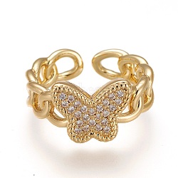 Brass Micro Pave Clear Cubic Zirconia Cuff Rings, Open Rings, Long-Lasting Plated, Butterfly, Curb Chain Shape, Real 18K Gold Plated, Inner Diameter: 17mm(RJEW-Z003-09G)