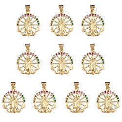 10Pcs Rack Plating Brass Micro Pave Cubic Zirconia Pendants, Real 18K Gold Plated, Long-Lasting Plated, Flat Round with Virgin Mary, Colorful, 23x20x2.5mm, Hole: 5x3mm(KK-SZ0001-78)