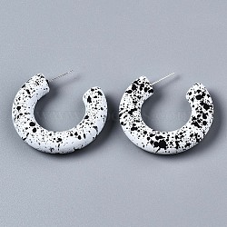 Spray Painted CCB Plastic Stud Earrings, Half Hoop Earrings, Letter C, Silver, White, 38x8.5mm, Pin: 0.7mm(EJEW-Q020-003A)