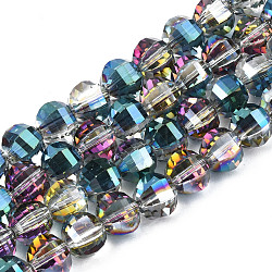 Electroplate Transparent Glass Beads Strands, Half Plated, Faceted, Round, Dark Cyan, 9.5x8.5mm, Hole: 1.5mm, about 70pcs/strand, 24.80 inch(63cm)(EGLA-N002-30-D01)