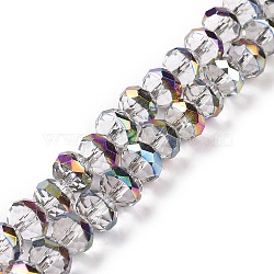 Transparent Electroplate Glass Beads Strands, Faceted, Rondelle, Half Rainbow Plated, Clear, 7.5~8x6.5~7mm, Hole: 1.4mm, about 65pcs/strand, 16.77 inch(42.6cm)(GLAA-F122-04G)