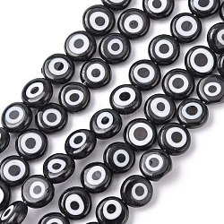 Handmade Evil Eye Lampwork Flat Round Bead Strands, Black, 7.5x3mm, Hole: 1mm, about 48pcs/strand, 13.7 inch~14.9 inch(LAMP-L058-8mm-10)