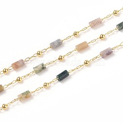 3.28 Feet Natural Moss Agate Handmade Beaded Chains, with Brass Eye Pins, Real 18K Gold Plated, Soldered, Colum, Gemstone Link: 7x2mm, Brass Link: 5x2mm(X-CHC-K008-C01)