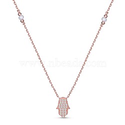 TINYSAND Hamsa Hand/Hand of Fatima/Hand of Miriam 925 Sterling Silver Cubic Zirconia Pendant Necklaces, with Pearl Beads, Rose Gold, 17.44 inch(TS-N316-RG)