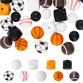 36Pcs 9 Style All Kinds of Sports Balls Silicone Beads, Chewing Beads For Teethers, DIY Nursing Necklaces Making, Round & Baseball & Football, Mixed Color, 12~14.5x12~14x12~14mm, Hole: 2mm, 4pcs/style