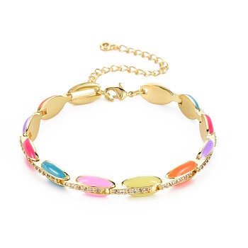 Brass Micro Pave Cubic Zirconia Link Chain Bracelet for Women, Enamel Oval Bracelets, Nickel Free, Real 18K Gold Plated, Colorful, 6-7/8 inch(17.5cm), 7mm