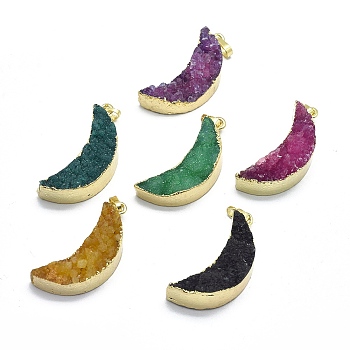 Natural Druzy Agate Pendants, Edge Golden Plated, with Golden Tone Brass Finding, Moon, Dyed & Heated, Mixed Color, 33~34x14~14.5x8.5~11.5mm, Hole: 3.5x6mm