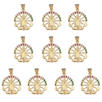 10Pcs Rack Plating Brass Micro Pave Cubic Zirconia Pendants, Real 18K Gold Plated, Long-Lasting Plated, Flat Round with Virgin Mary, Colorful, 23x20x2.5mm, Hole: 5x3mm