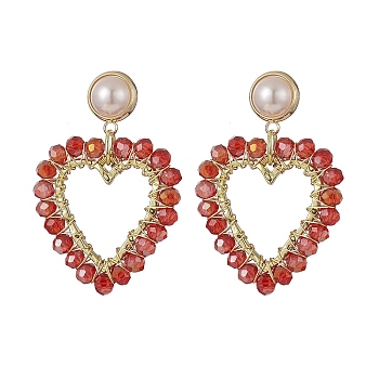 Wrapped Glass Beaded Dangle Stud Earrings, Heart Brass ABS Plastic Imitation Pearl Earring for Women, Golden, 41.5mm, Pin: 0.9mm