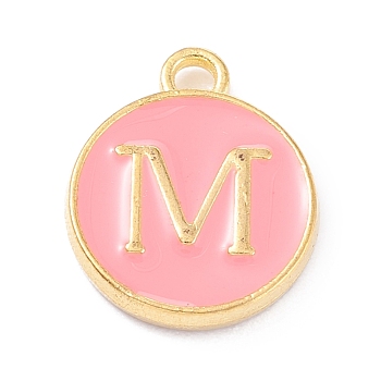 Golden Plated Alloy Enamel Charms, Enamelled Sequins, Flat Round with Alphabet, Letter.M, Pink, 14x12x2mm, Hole: 1.5mm