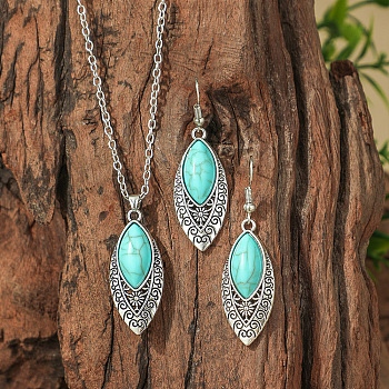Bohemian Ethnic Style Zinc Alloy & Synthetic Turquoise Pendant Necklaces & Dangle Earrings Sets, Antique Silver, Horse Eye, 390mm