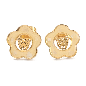 Ion Plating(IP) 304 Stainless Steel Stud Earrings, with Enamel and Ear Nuts, Flower, Golden, 13x12.5mm, Pin: 0.8mm