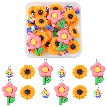 36Pcs 3 Styles Resin & Handmade Polymer Clay Pendants, with Platinum Iron Peg Bail, Flower Charm, Mixed Color, 13~31.5x10~17x3~6mm, Hole: 1.8~2mm