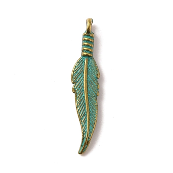 Tibetan Style Alloy Pendants, Feather, Golden & Green Patina, 31.5x6.5x4mm, Hole: 2mm