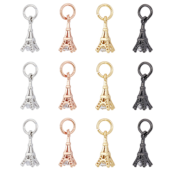 12Pcs 4 Colors Brass Micro Pave Clear Cubic Zirconia Charms, Eiffel Tower, Mixed Color, 11x4.5mm, Hole: 3mm, 3pcs/color