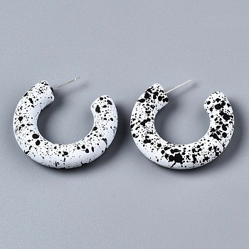 Spray Painted CCB Plastic Stud Earrings, Half Hoop Earrings, Letter C, Silver, White, 38x8.5mm, Pin: 0.7mm