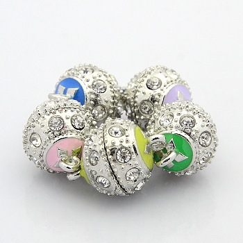 Platinum Plated Round Alloy Enamel Magnetic Clasps with Loops, with Grade A Rhinestone, Mixed Color, 18.5x13mm, Hole: 2mm