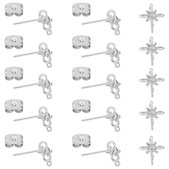 10Pcs Brass Star Stud Earring Findings, with Clear Cubic Zirconia & Vertical Loops & 10Pcs Ear Nuts, Platinum, 11x9mm, Hole: 1mm, Pin: 0.8mm