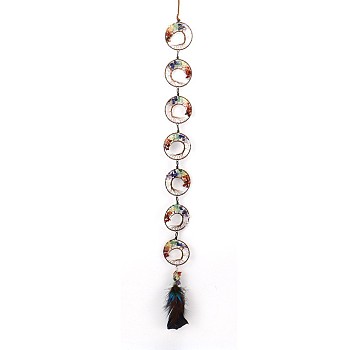 Brass Wire Wrapped Natural Mixed Gemstone Tree of Life Suncatchers, 7-Ring Hanging Window Decor with Feather Tassel, 760x50x3~7mm