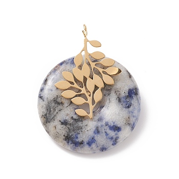 Natural Blue Spot Jasper Pendants, with Ion Plating(IP) Golden Color Tone 304 Stainless Steel Findings, Leaf with Donut/Pi Disc Charm, 37~38x30x10~11mm, Hole: 3mm