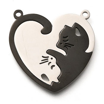 304 Stainless Steel Split Pendants, Heart with Couple Cat Charms, Mixed Color, 30x30x1.5mm, Hole: 1.6mm