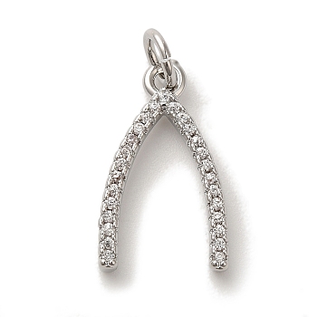 Rack Plating Brass Micro Pave Cubic  Zirconia Pendant, Long-Lasting Plated, Cadmium Free & Lead Free, Wishbone, Platinum, 18x10.5x2mm, Hole: 3mm