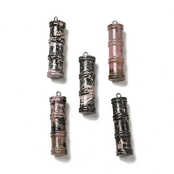 Natural Rhodonite Pendants, Bamboo Stick Charms, with Stainless Steel Color Tone 304 Stainless Steel Loops, 45x12.5mm, Hole: 2mm