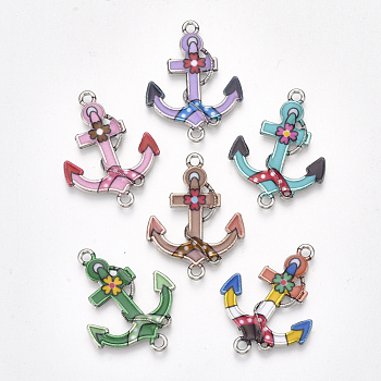 Printed Alloy Links connectors, with Enamel, Anchor, Platinum, Mixed Color, 29x22x2mm, Hole: 1.8mm