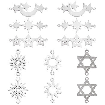 SUPERFINDINGS 12Pcs 6 Style 304 Stainless Steel Link Connectors, Laser Cut, Star & Hexagram & Sun, Stainless Steel Color, 2pcs/style