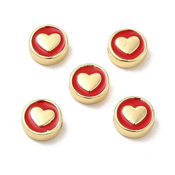 Real 18K Gold Plated Brass Enamel Beads, Flat Round with Heart, Red, 11x4.5mm, Hole: 2mm