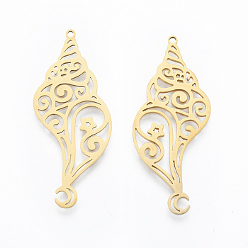 201 Stainless Steel Pendants, Spiral Shell Shape, Real 18K Gold Plated, 44.5x18x1mm, Hole: 1.4mm