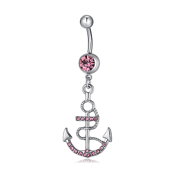 Piercing Jewelry, Brass Cubic Zirconia Navel Ring, Belly Rings, with 304 Stainless Steel Bar, Lead Free & Cadmium Free, Anchor, Hot Pink, Platinum, 54x19mm, Bar Length: 3/8"(10mm), Bar: 14 Gauge(1.6mm)