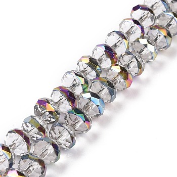 Transparent Electroplate Glass Beads Strands, Faceted, Rondelle, Half Rainbow Plated, Clear, 7.5~8x6.5~7mm, Hole: 1.4mm, about 65pcs/strand, 16.77 inch(42.6cm)