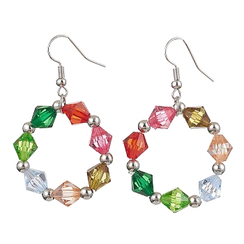 Colorful Acrylic Beaded Ring Dangle Earrings, Iron Long Drop Earrings, Platinum, 52~54x30mm