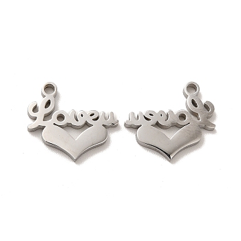 304 Stainless Steel Charms, Heart with Word Love U, Stainless Steel Color, 12x14x1.4mm, Hole: 1.4mm