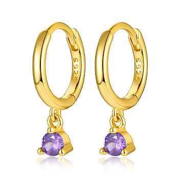 Real 18K Gold Plated 925 Sterling Silver Hoop Earrings, with Cubic Zirconia Diamond Charms, with S925 Stamp, Medium Purple, 17mm