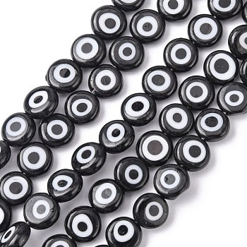 Handmade Evil Eye Lampwork Flat Round Bead Strands, Black, 7.5x3mm, Hole: 1mm, about 48pcs/strand, 13.7 inch~14.9 inch