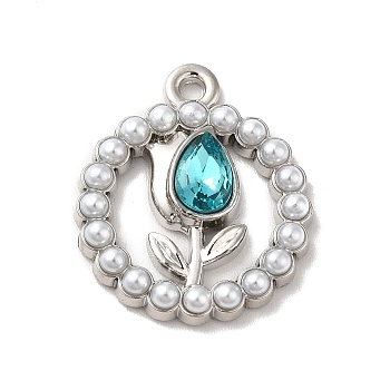 Rack Plating Alloy Glass Pandants, Nickel Free, with ABS Plastic Imitation Pearl, Flat Round with Flower Charms, Platinum, Dark Turquoise, 20.5x17.5x4mm, Hole: 2mm