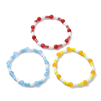 3Pcs 3 Colors Three Primary Color Series Glass Seed Beads Stretch Bead Bracelets, with Natural & Dyed Malaysia Jade, Jewelry for Women, Mixed Color, Inner Diameter: 2-1/8 inch(5.3cm), 1pc/color