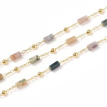 3.28 Feet Natural Moss Agate Handmade Beaded Chains, with Brass Eye Pins, Real 18K Gold Plated, Soldered, Colum, Gemstone Link: 7x2mm, Brass Link: 5x2mm