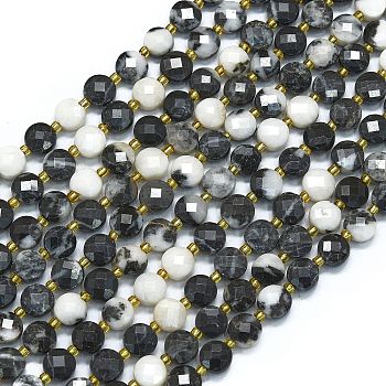 Natural Zebra Jasper Beads Strands, with Seed Beads, Faceted, Flat Round, 6~6.5x4mm, Hole: 1mm, about 50pcs/strand, 15.35''(39cm)