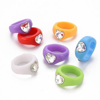 Acrylic Rhinestone Finger Rings, Heart, Mixed Color, US Size 7 1/4(17.5mm)