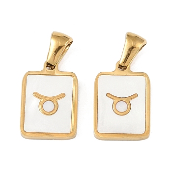 Constellations Natural White Shell Pendants, Ion Plating(IP) 304 Stainless Steel Rectangle Charms, Real 18K Gold Plated, Taurus, 16x10.5x1.5mm, Hole: 5x3mm